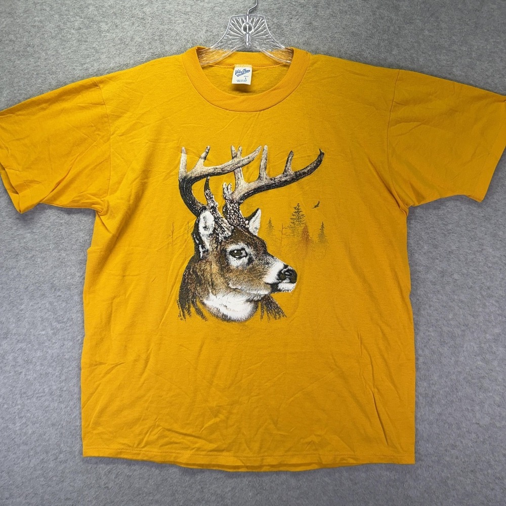 Vintage Velva Sheen Shirt Mens Large Yellow Deer Buck Graphic Tee USA Hunting